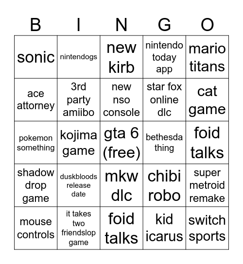 regular direct Bingo Card