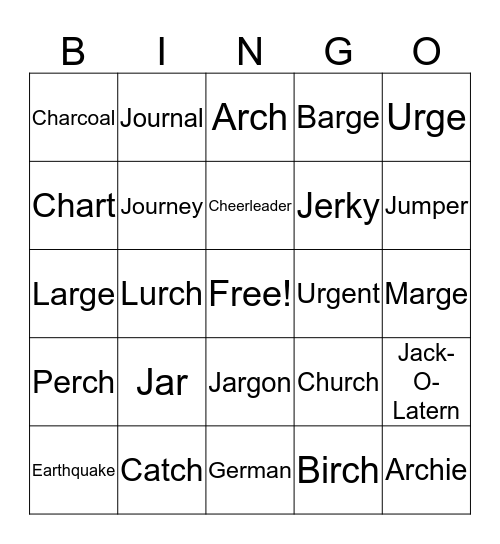 Er, Ar, Ch, J Bingo Card