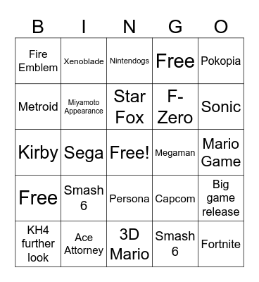 Nintendo Direct Bingo Card