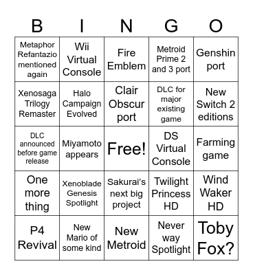 Nintendo Direct 9/9/26 Bingo Card