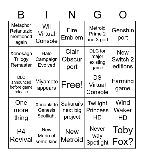 Nintendo Direct 9/9/26 Bingo Card
