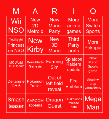 Nintendo Direct Sept. 2026 Bingo Card