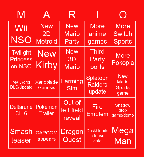 Nintendo Direct Sept. 2026 Bingo Card
