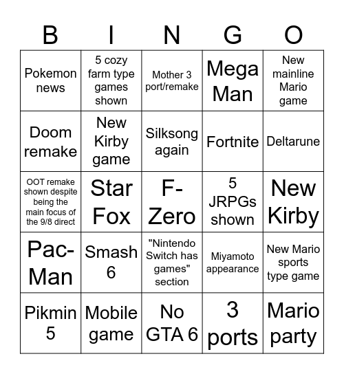 Nintendo Direct 9/9/26 Bingo Card