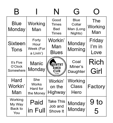 Songs about work Bingo Card