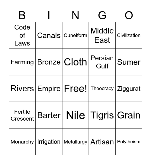 Ancient Mesopotamian Bingo Card