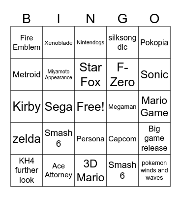 Nintendo Direct Bingo Card