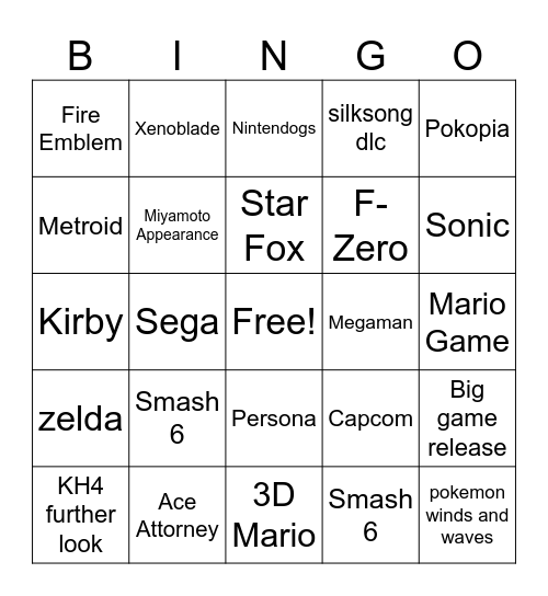 Nintendo Direct Bingo Card