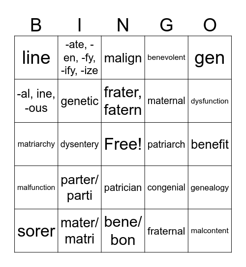 Unit 1 and 2 Root words Bingo Card