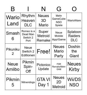 Nintendo Direct Bingo Card
