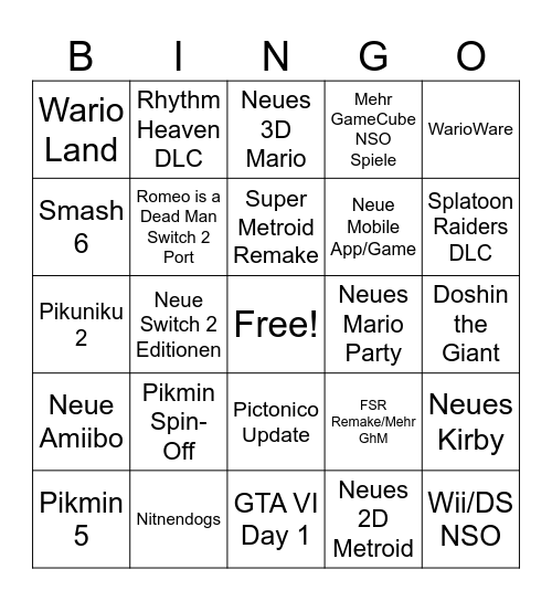Nintendo Direct Bingo Card
