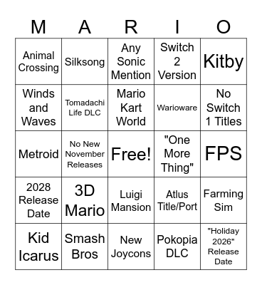 9/9/26 Nintendo Direct Bingo Card