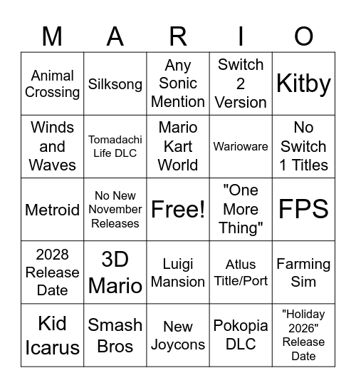 9/9/26 Nintendo Direct Bingo Card