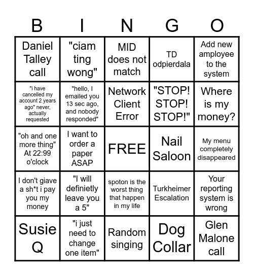 CUSTOMER SERVICE BINGO Card