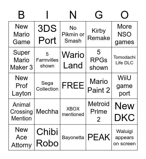 Nintendo Direct 9.9.2026 Bingo Card