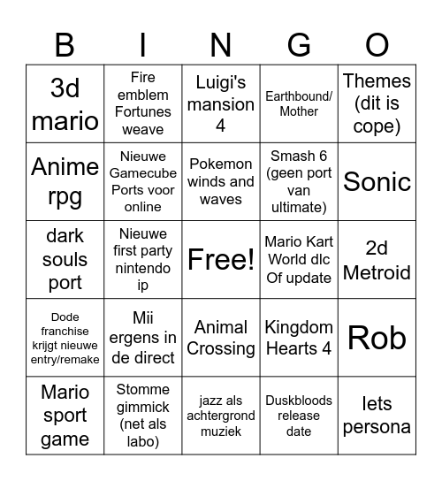 Nintendo Direct Bingo Justin Bingo Card