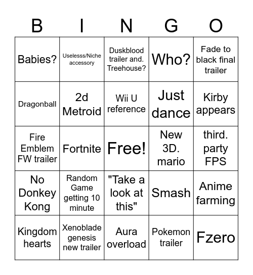 Nintendo Direct Bingo Card