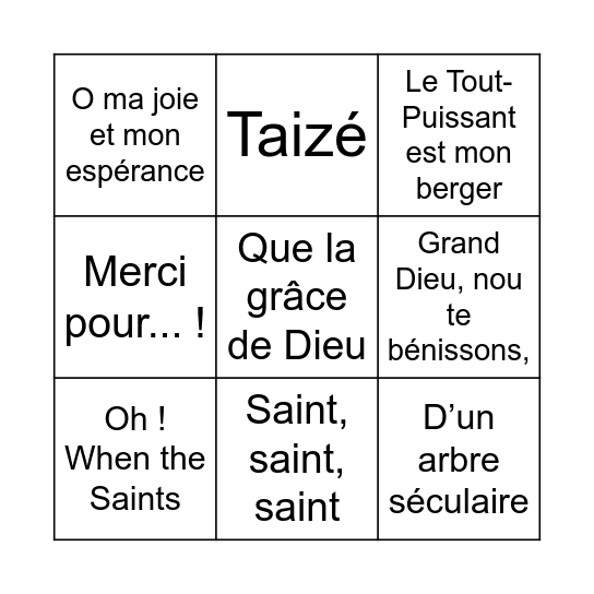 Bingo des cantiques Bingo Card