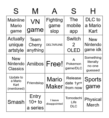 September 26 Nintendo Direct Bingo Card