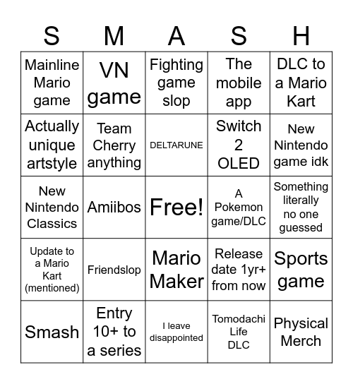 September 26 Nintendo Direct Bingo Card