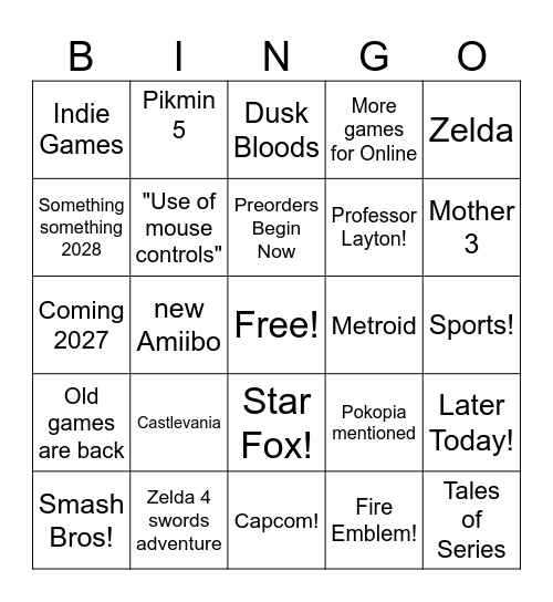 Nintendo Direct Bingo Card