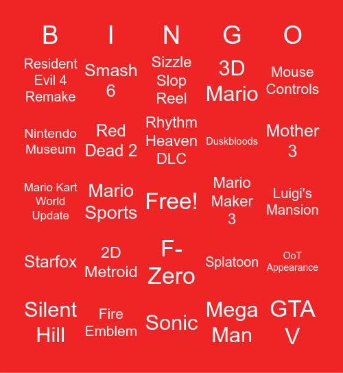 Bob's Sep 2026 Nintendo Direct Bingo Card