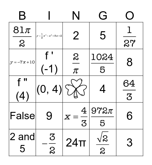 St. Patrick's Day Calculus Bingo Card