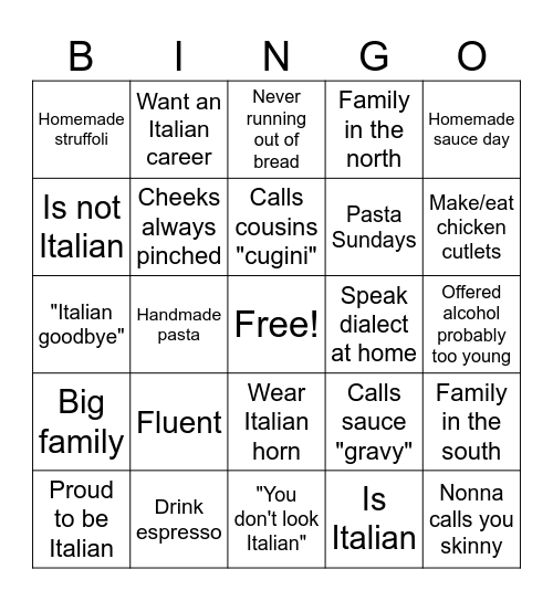 Italian-American Bingo Card