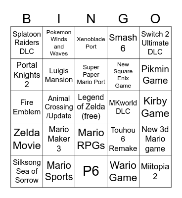 Nintendo Direct Bingo Card