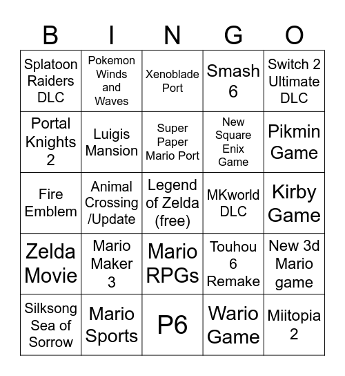 Nintendo Direct Bingo Card