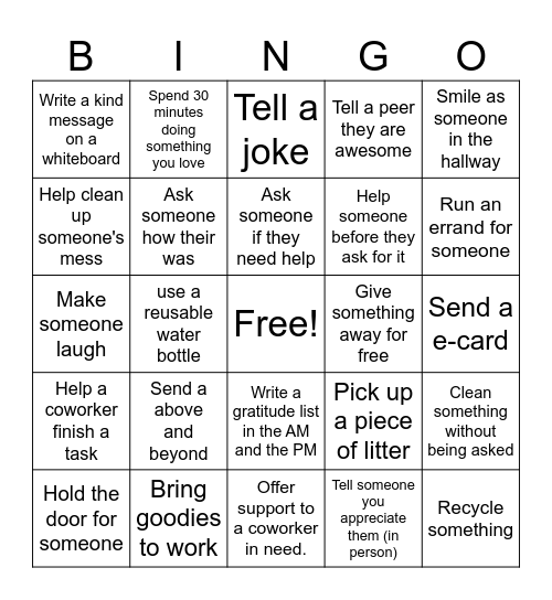 Randon Acts of Kindness Bingo Card
