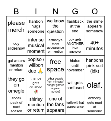 bof s2 finale bingo Card