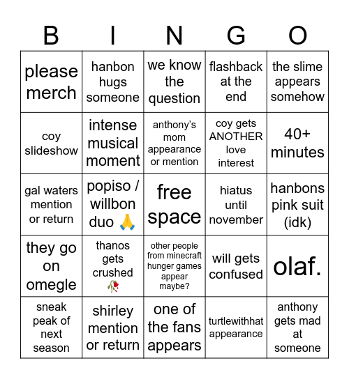 bof s2 finale bingo Card