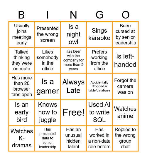 Q2 Huddle: Human Bingo! Bingo Card