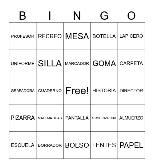 SPANISH BINGO Card