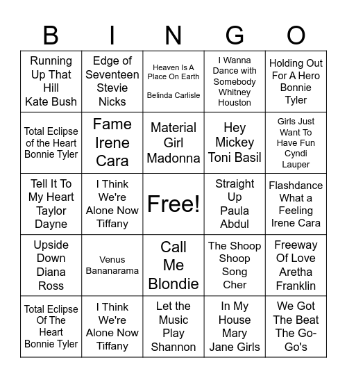Ladies of the 80s Bingo Card