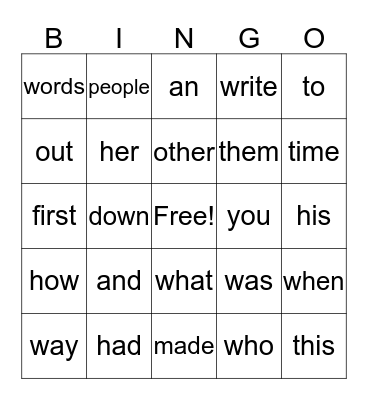 Sight Words - 1 Bingo Card