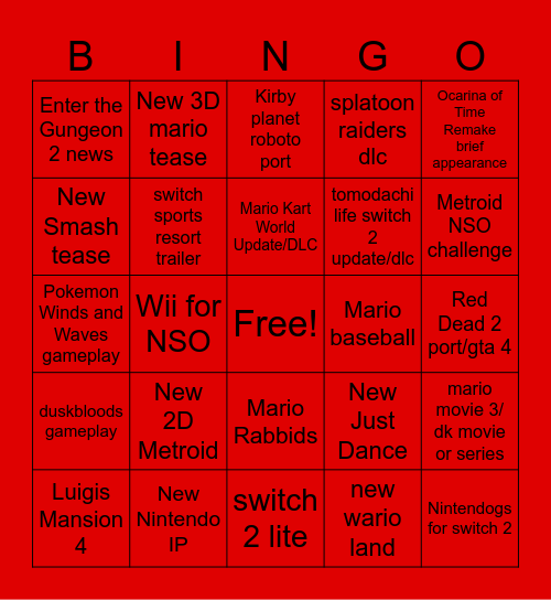 2026 September Nintendo Direct Bingo Card