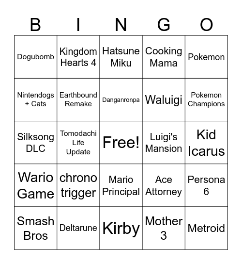 Nintendo Direct Bingo Card