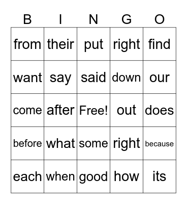 Sight Words Bingo Card