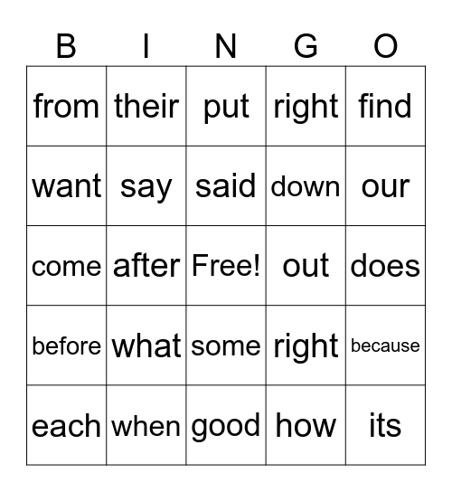 Sight Words Bingo Card
