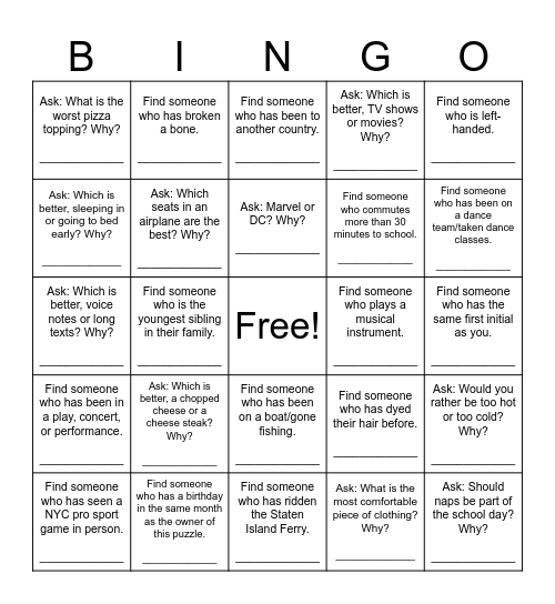 Honors Bio "Get to Know Everyone" Bingo Card
