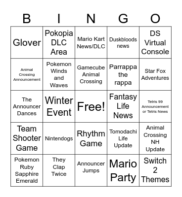 Nintendo Direct Bingo Card