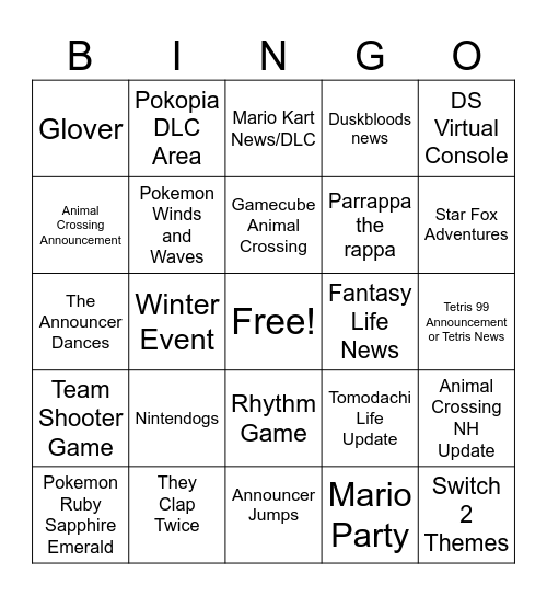 Nintendo Direct Bingo Card