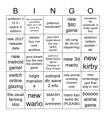 Nintendo Direct 9/9/2026 Bingo Card