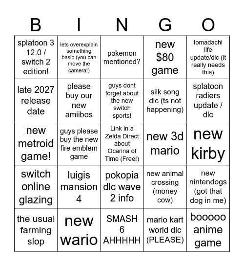 Nintendo Direct 9/9/2026 Bingo Card