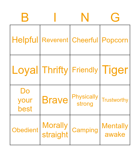 Scout Law & Oath Bingo Card