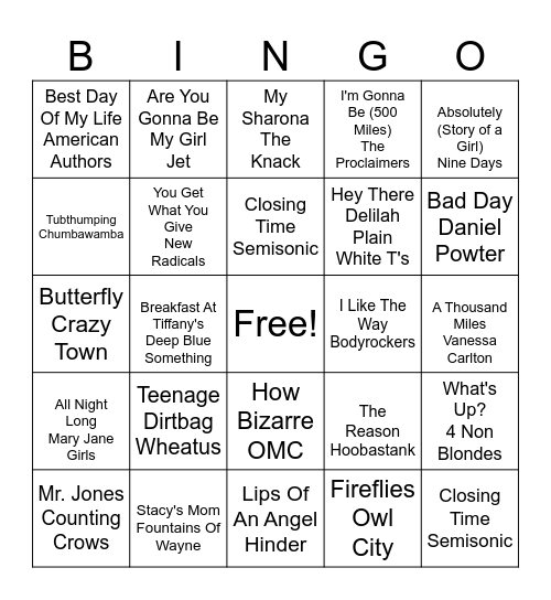 One Hit Wonders Bingo Card