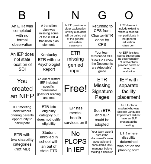 TRANSFER BINGO! Bingo Card