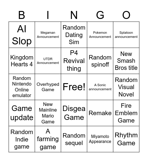 Nintendo Direct Bingo Card Bingo Card
